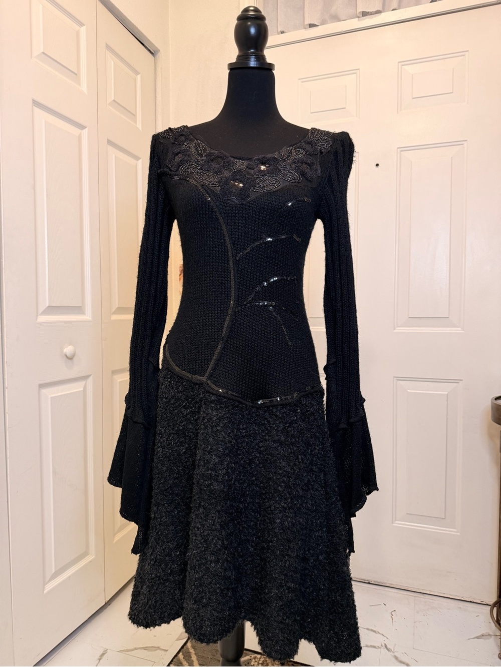 Black Long-Sleeve Knit Dress with Textured boccle Skirt